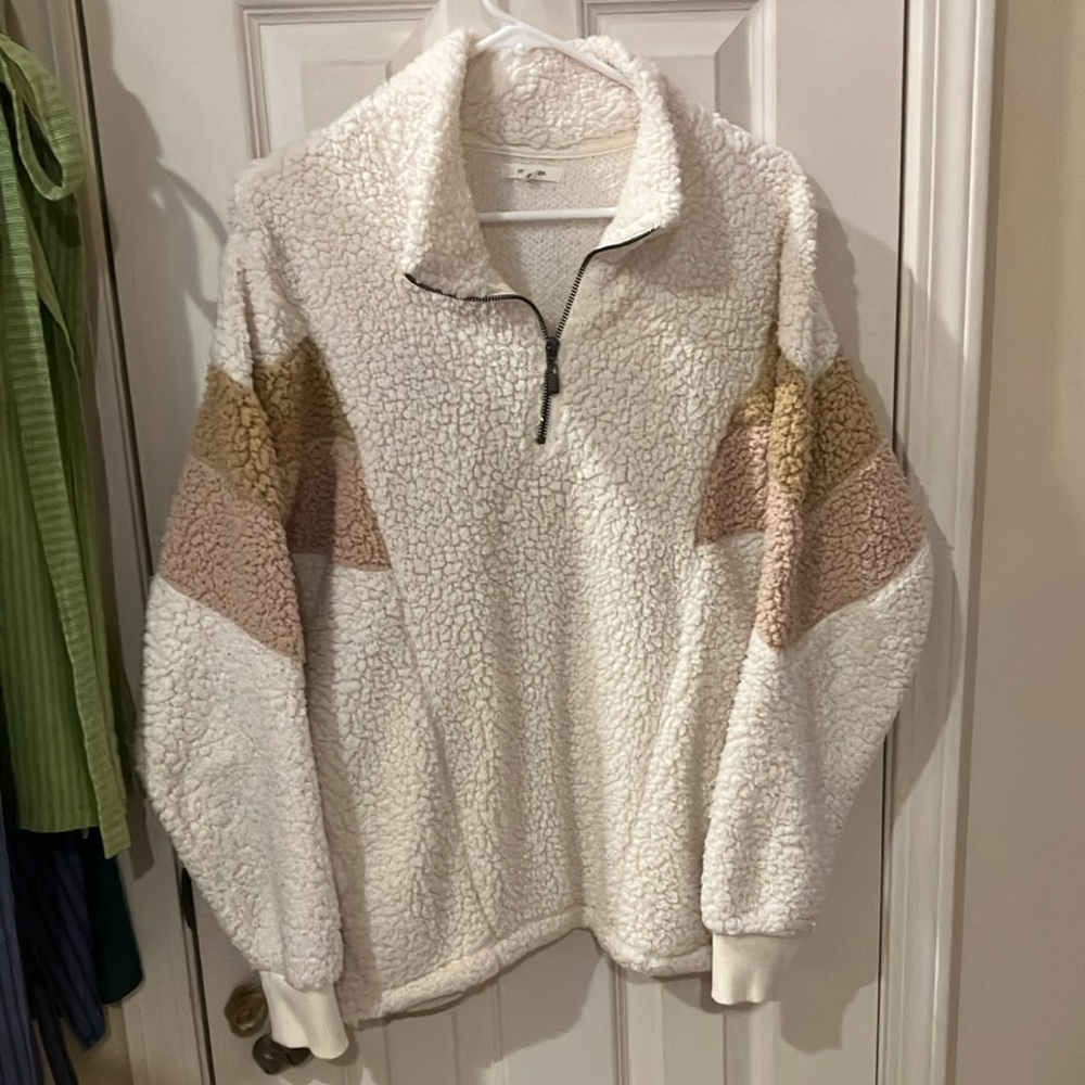Chevron Colorblock White and Pink Sherpa Pullover